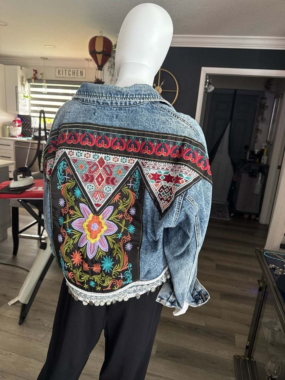 Chance Off Embroidered Boho Denim Jacket with Coin Fringe One Size